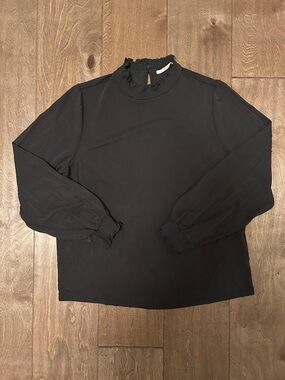 Black Long Sleeve Ruffled Neck Blouse